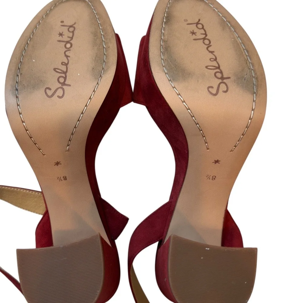Splendid Heels Block Ankle Strap‎ Suede Red Sandals Party Shoes Women's 8.5